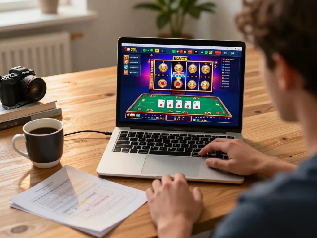 Player engaging in online gambling at home with lc88 gaming interface on laptop, showcasing an exciting atmosphere.