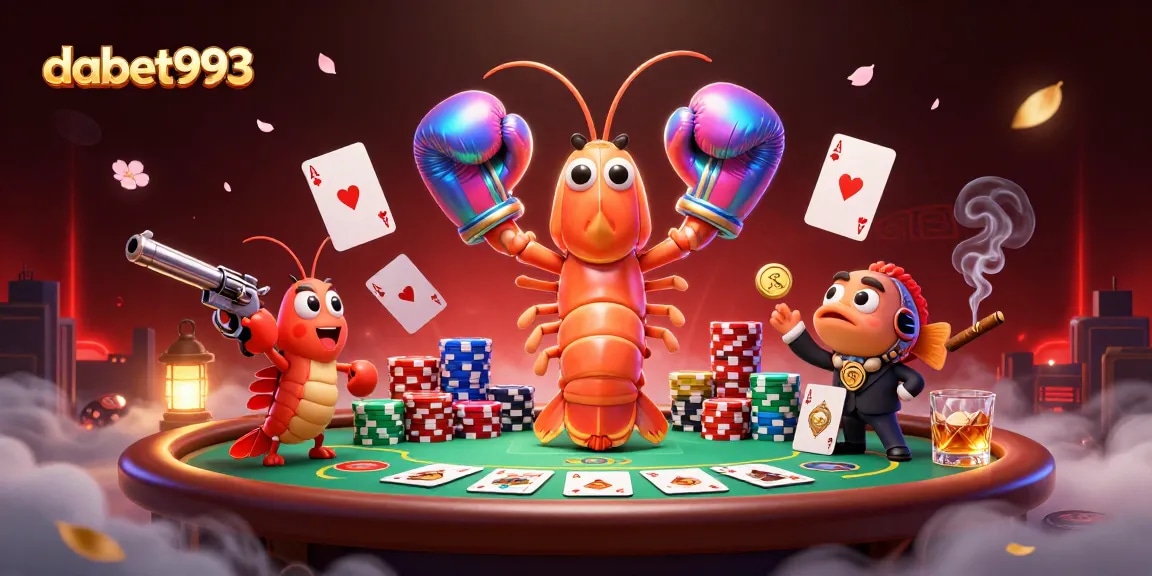 Dabet993 showcases a 3D mantis shrimp boxer at a dynamic poker table amidst vivid gaming elements.