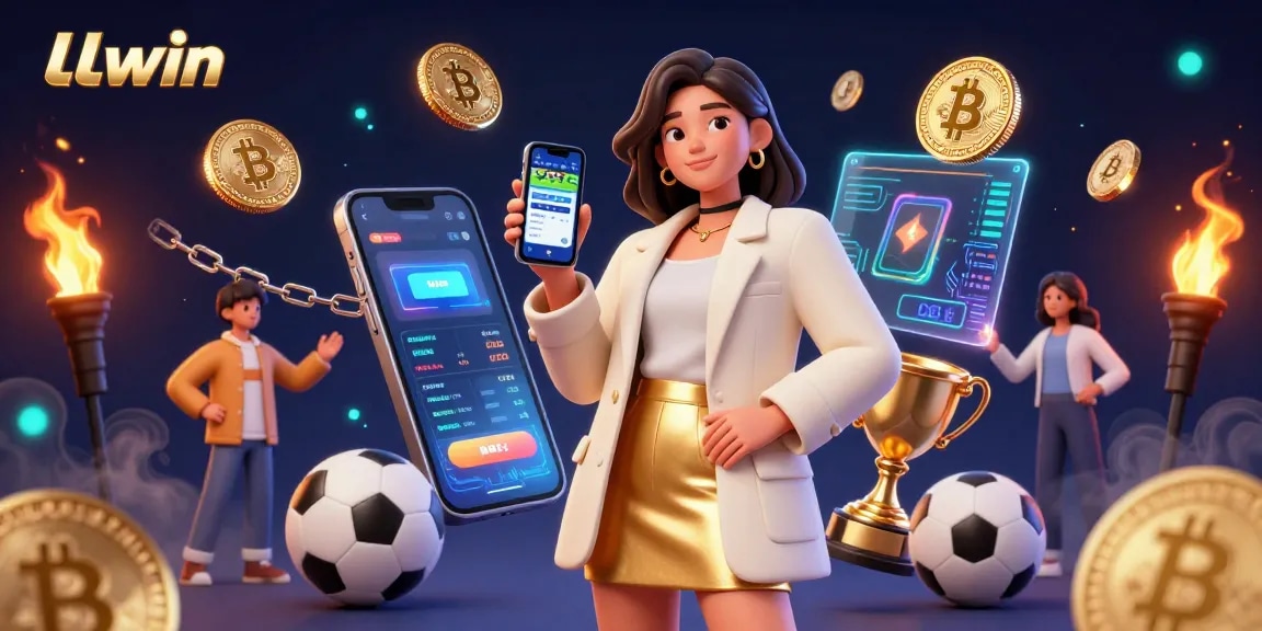 Engaging LLwin gaming scene featuring a woman showcasing sports betting excitement with crypto elements.