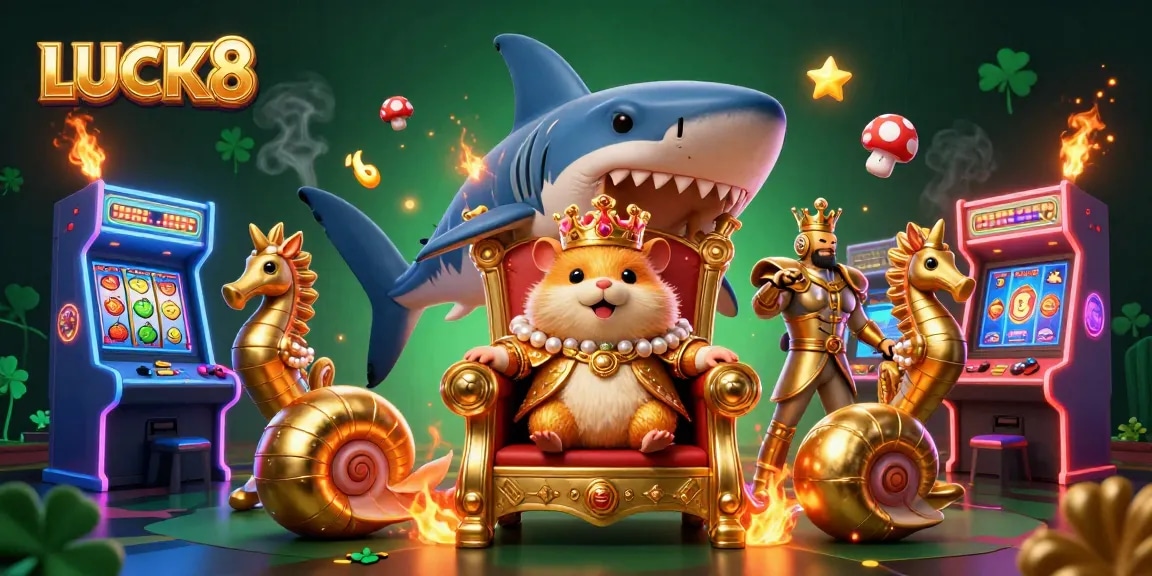Experience exhilarating games at LUCK8 with a fierce hamster king, surrounded by vibrant slots and arcade elements.