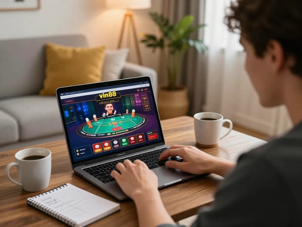 Engaging home setup with a player focused on vin88 online poker game, cozy atmosphere.