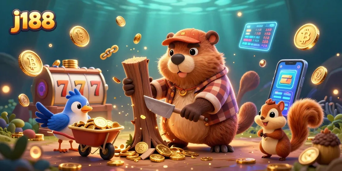 Join the excitement at j188 with a playful beaver and friends celebrating wins in a vibrant casino setting.