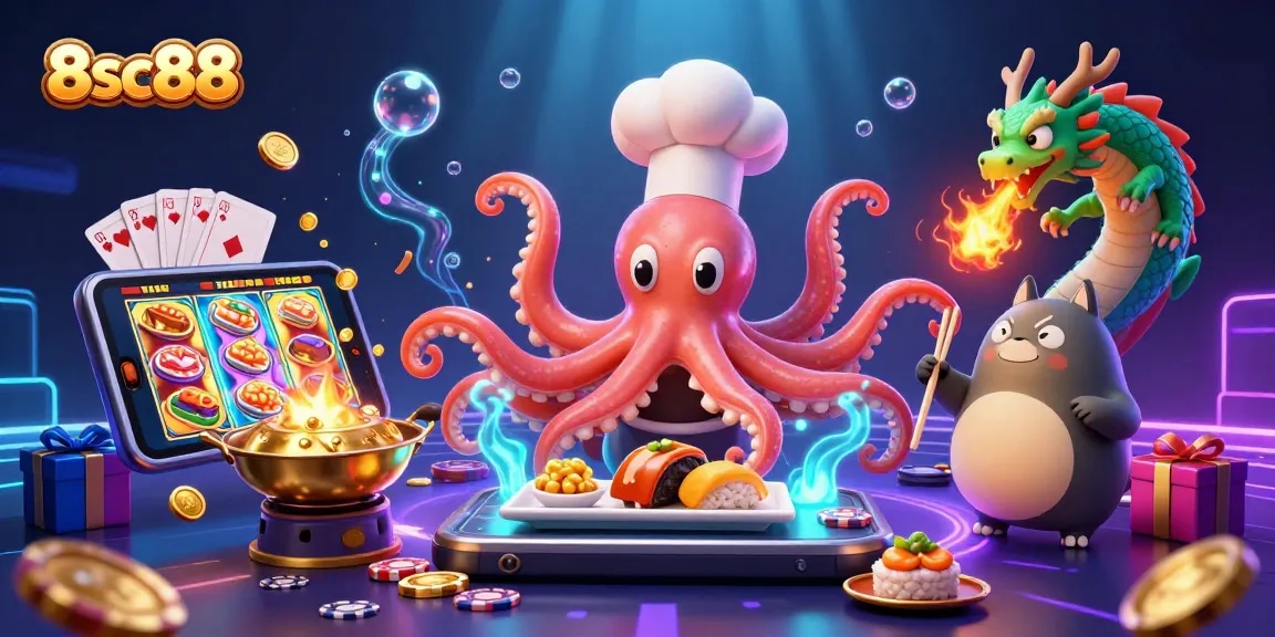 Win big at 8sc88 with cartoon characters in a vibrant casino setting filled with slot games and prizes.