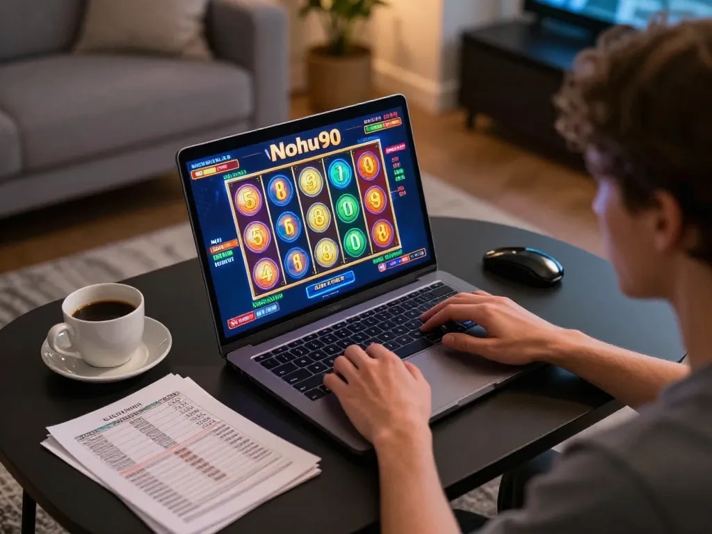 Nohu90 player engaged in a captivating online slot game from home, showcasing a vibrant gaming experience