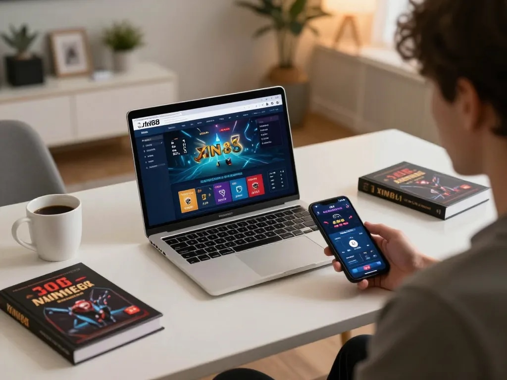 Player engaging with Xin88 online casino platform on laptop while using smartphone for real-time betting.