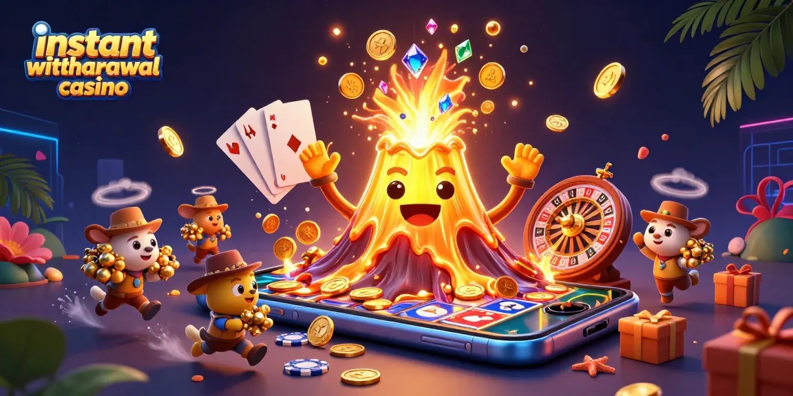 Experience instant withdrawal casino excitement with our vibrant, animated scene of treasure and games!