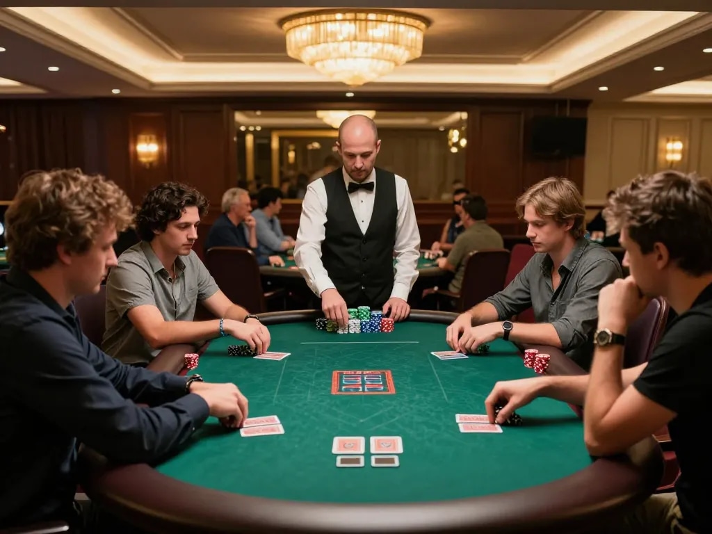 Players strategizing in a poker game at LU88 casino, showcasing high-stakes action.