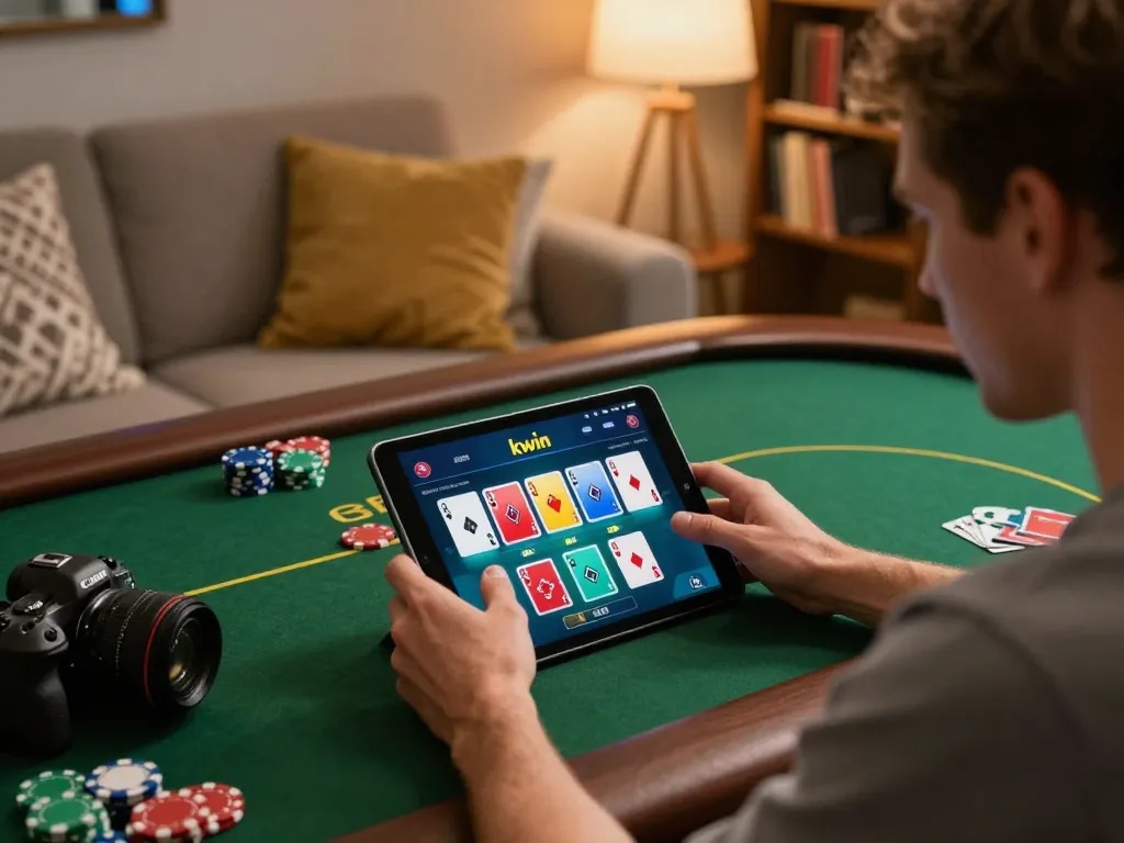 Engaging with the kwin app on a tablet for online casino gaming, cozy home atmosphere with cards visible.