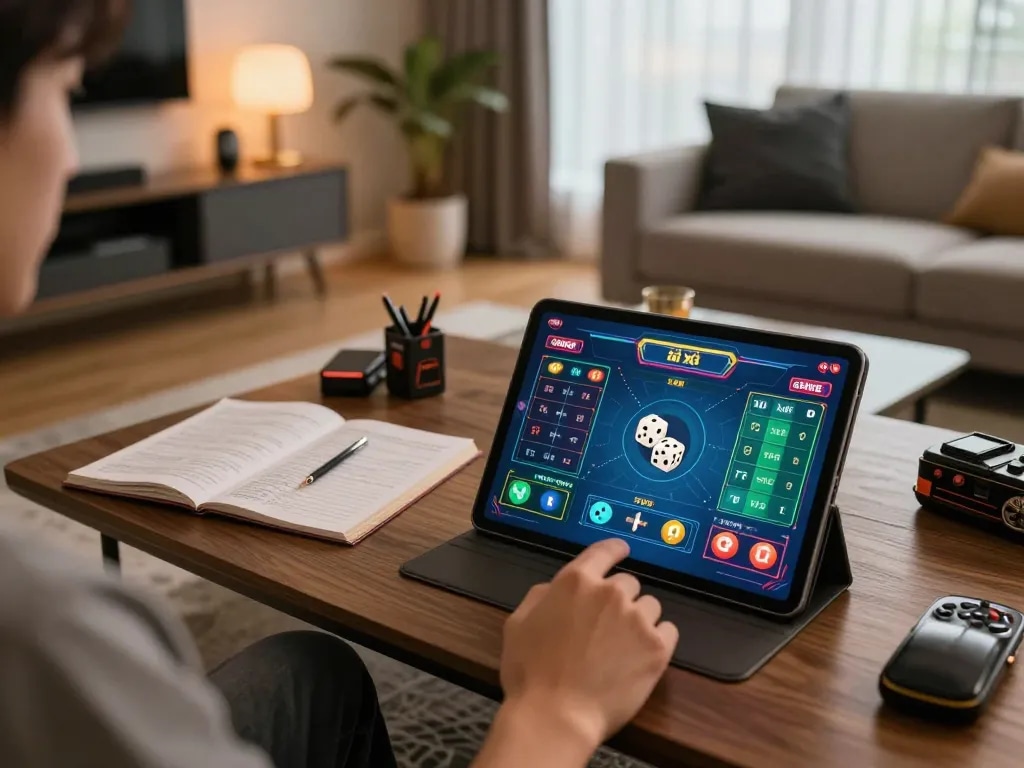 Playing game tài xỉu on a tablet in a cozy home environment with strategy notes