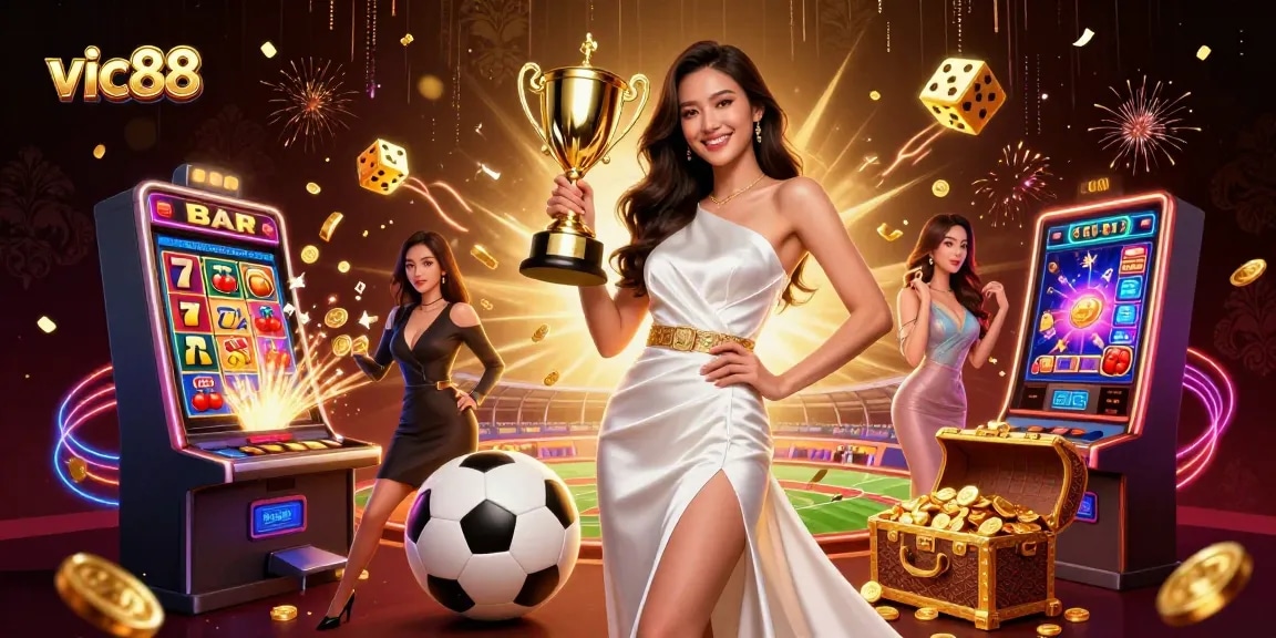 Experience the thrill of vic88 casino with an Asian woman winning a trophy amidst a jackpot explosion.