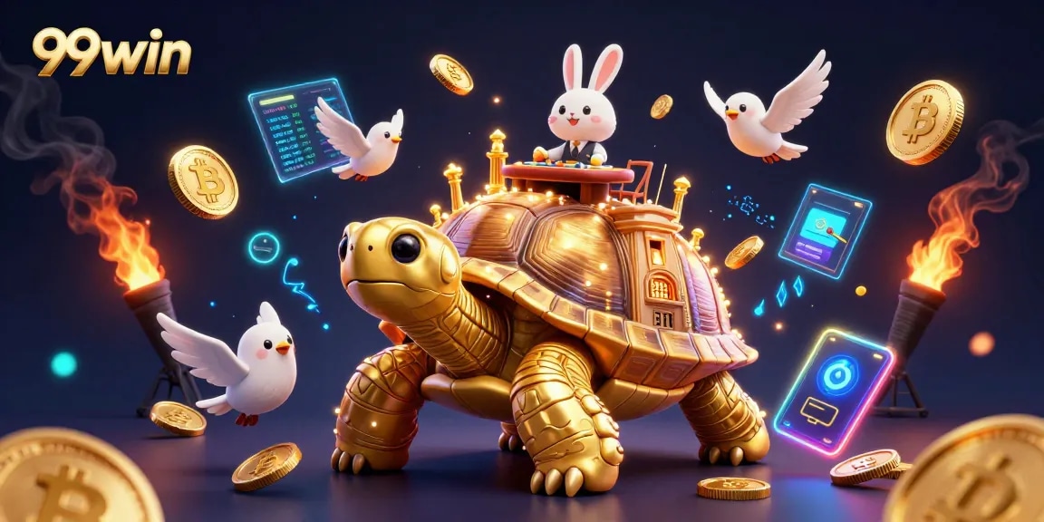 Join the 99win excitement with a golden tortoise casino scene full of vibrant elements.