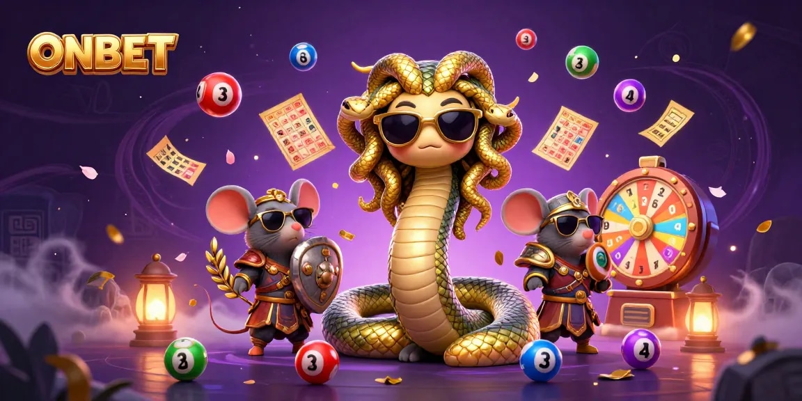 Engage in ONBET's thrilling experience with Medusa and the warrior mouse surrounded by vibrant lottery elements.