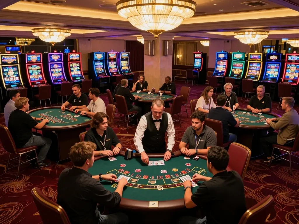 Para pemain rokok88 terlibat dalam strategi blackjack di lantai kasino yang meriah