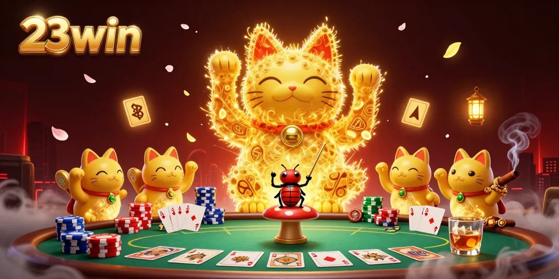 Winning big with 23win: vibrant casino scene featuring a giant lucky cat