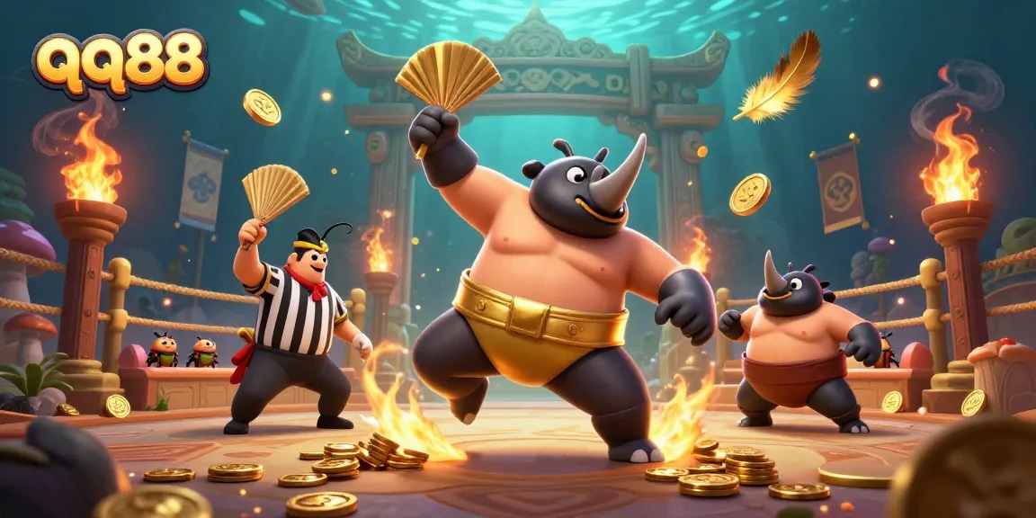 Engage with qq88: 3D illustration of a sumo champion beetle amidst a dynamic gambling arena.