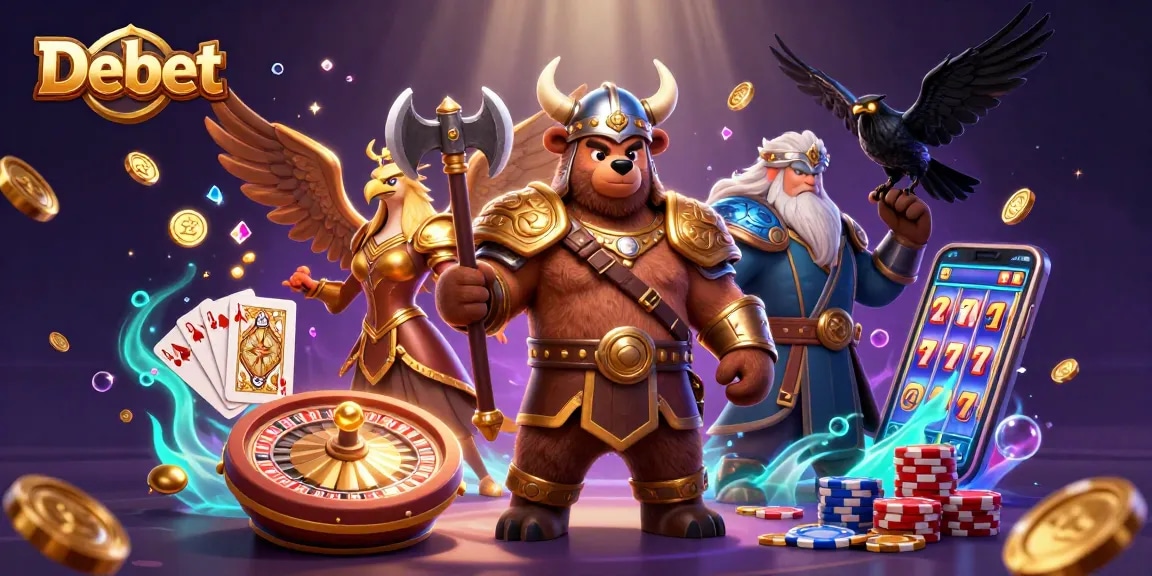 Experience thrilling moments with Debet's rich gaming elements including a Viking bear and a Valkyrie eagle.