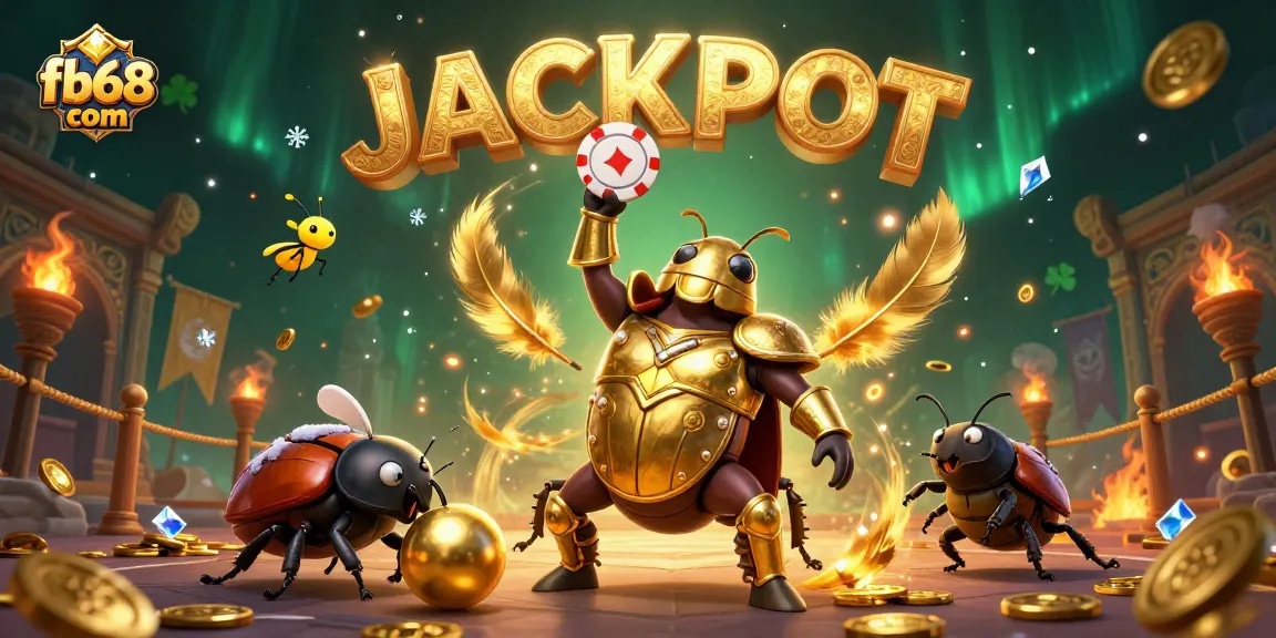 Play big with fb68 com in this vivid 3D jackpot scene featuring heroic beetles and golden treasures.