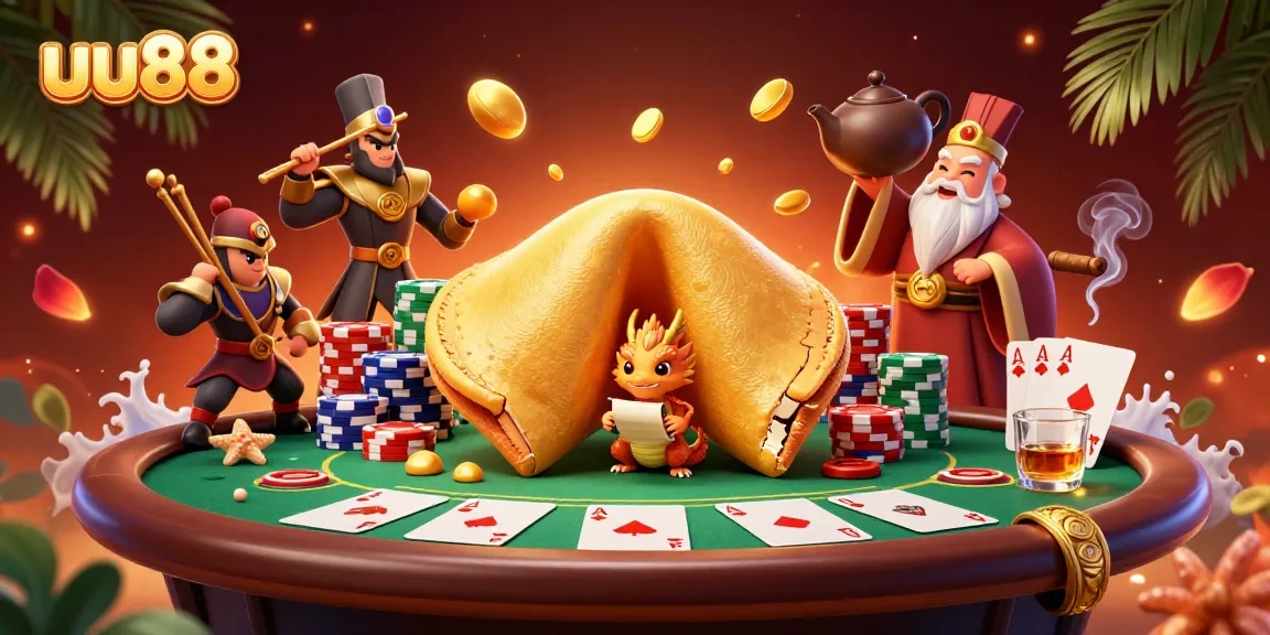 Engage with the exciting world of uu88 casino games, showcasing vibrant 3D golden fortune cookie and poker elements.