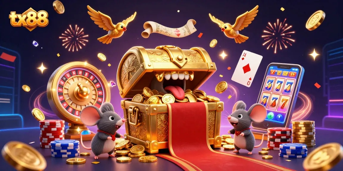 Experience the richness of tx88 gaming with golden treasures and exciting casino elements in this vibrant scene.