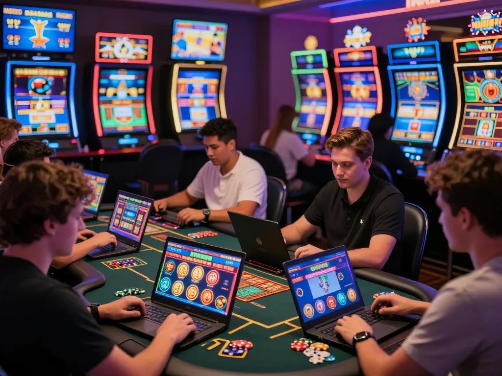 Diverse players enjoying the excitement of MM88 online casino games, with vibrant digital interfaces and interactive graphics.