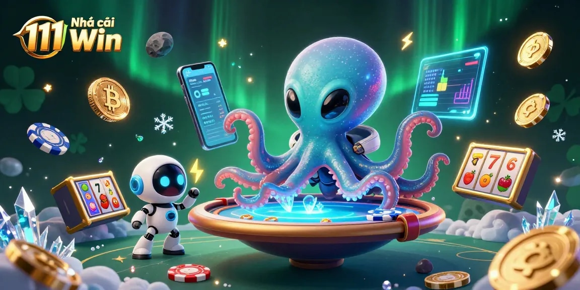Engage with Nhà cái 11Win’s immersive poker experience featuring an alien octopus and vibrant crypto elements.