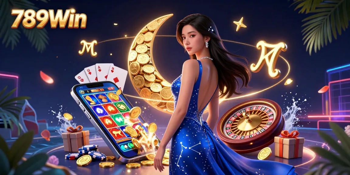 Play exciting slot games on 789Win with an elegant Asian woman surrounded by dynamic casino elements.