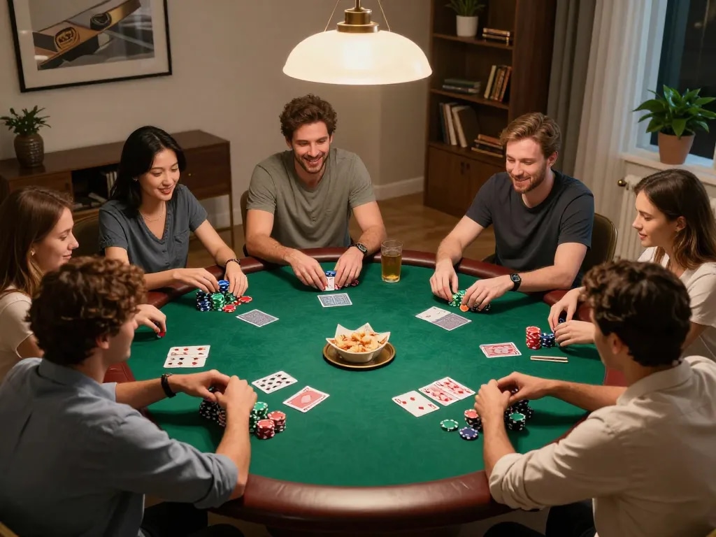 Friends enjoying a poker night at home, featuring engaging gameplay with sky88co and chips on the table, cozy atmosphere.