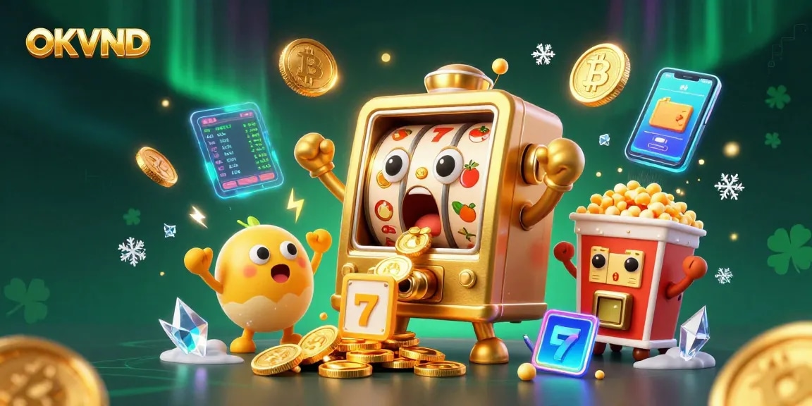 Spin and win with OKVND's vibrant 3D slot machine scene celebrating a jackpot.