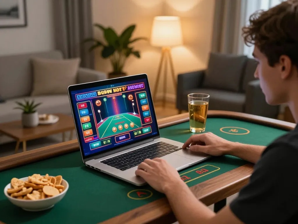 Player engaged in online gambling at home with PH22, laptop displaying exciting casino games.