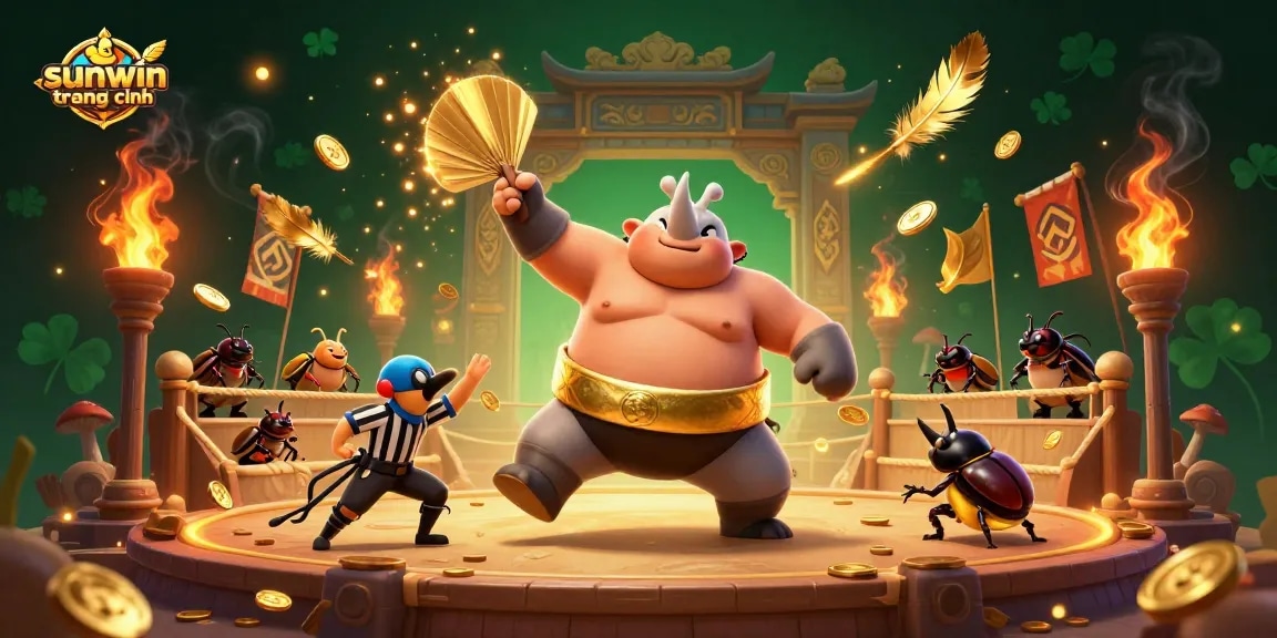 Engaging scene featuring the sunwin trang chính with a rhinoceros beetle champion, flying coins, and vibrant casino elements.