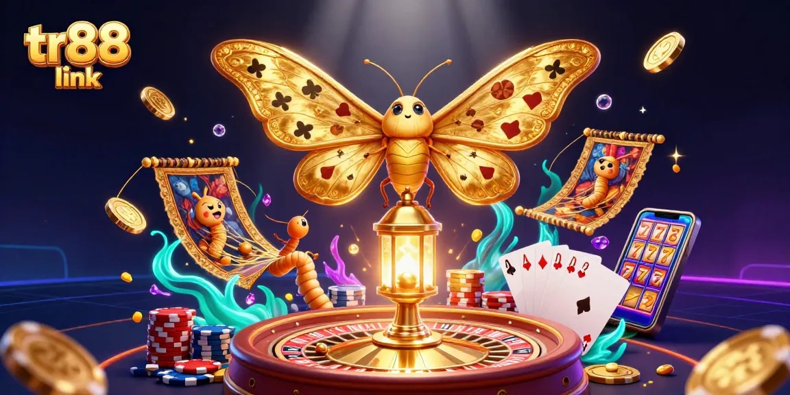 Engage with tr88 link in this vibrant casino scene featuring a moth, golden coins, and a roulette wheel.
