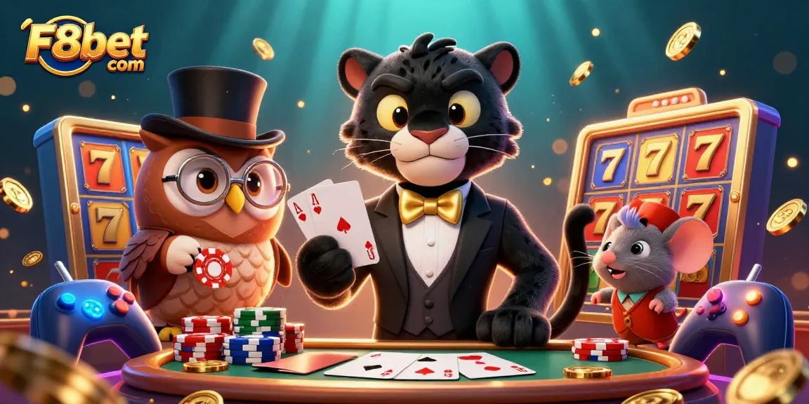 Join the fun at F8bet com with a stylish black panther dealer surrounded by playful characters and vibrant game elements.