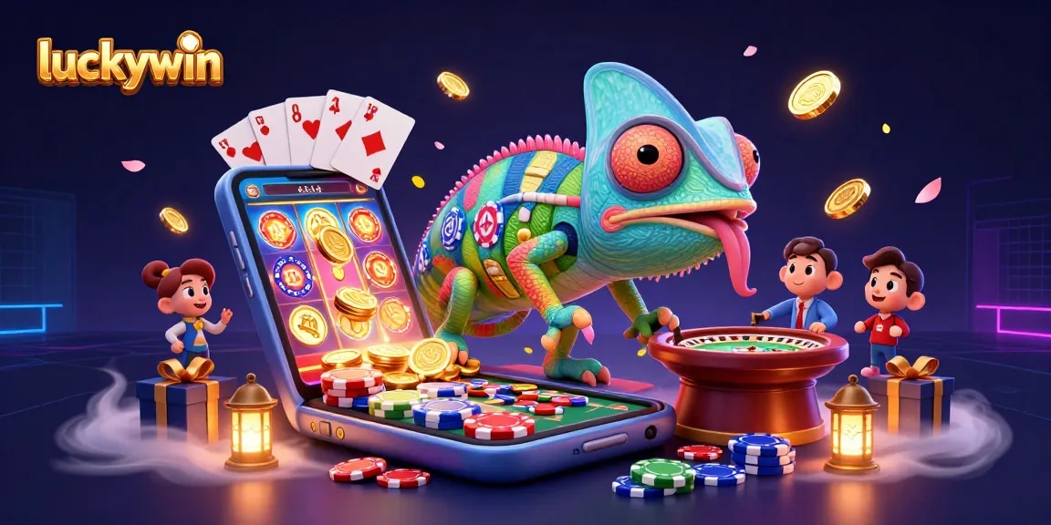 Experience luckywin with a vibrant casino scene, featuring colorful games, coins, and thrilling atmosphere.
