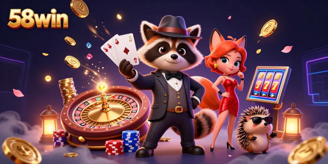 Experience the excitement of 58win as a stylish raccoon enjoys a royal flush amidst vibrant casino elements.