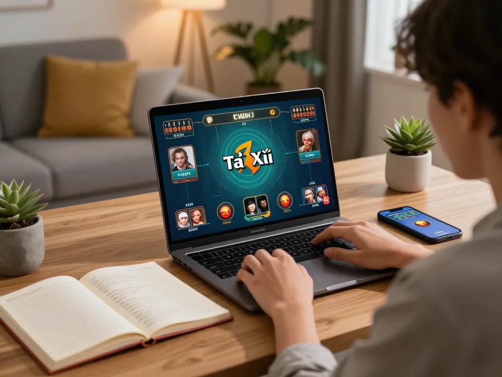 Engaging in Trang tài xỉu online gameplay on a laptop with strategic notes in a cozy home setting.