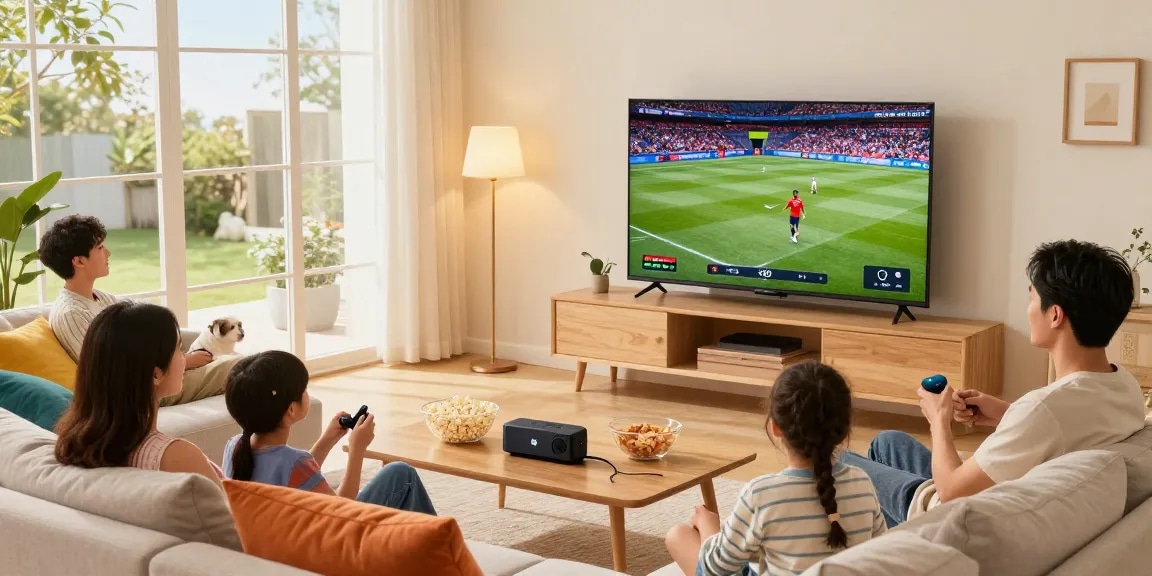 Family enjoying IPTV streaming in a cozy living room, showcasing smart TV and snacks.
