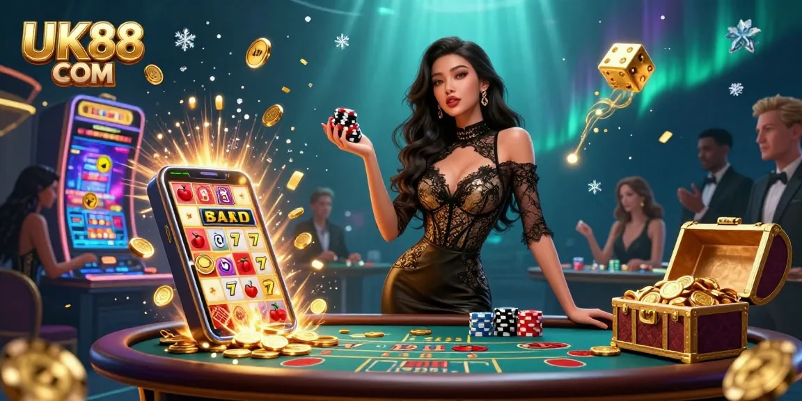 Bet on excitement at UK88 COM, showcasing thrilling casino gameplay and vibrant gold elements.