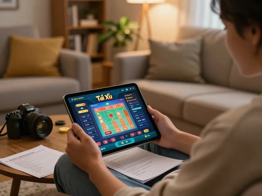 Engaging with app tài xỉu on a tablet during a relaxed night at home.