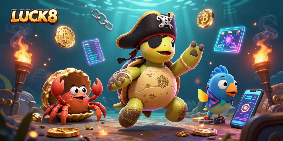Experience LUCK8's vibrant gambling scene with pirate turtle and gold elements.