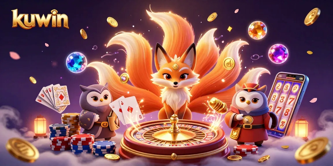 Experience thrilling wins with kuwin's vibrant casino illustration showcasing slot machines, roulette, and colorful characters.