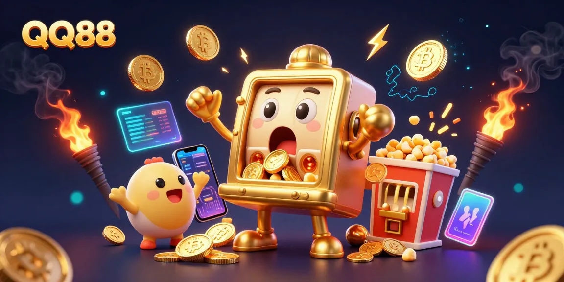 Experience the thrill of QQ88 with the animated jackpot scene featuring golden slot machines and cryptocurrency.
