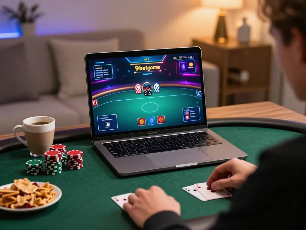 Engaging poker gameplay experience on 9betgame with luxurious home setup and snacks.