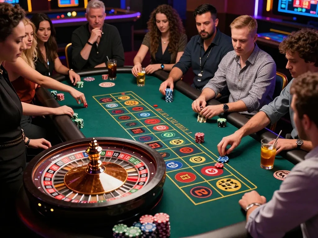 Players engaging with the roulette wheel at sunwingo casino, capturing the excitement of strategic betting.