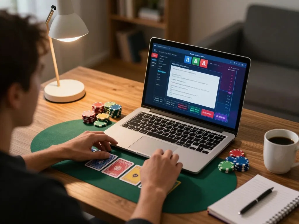 Person enjoying online poker on mm88star platform with vibrant cards and chips, cozy atmosphere