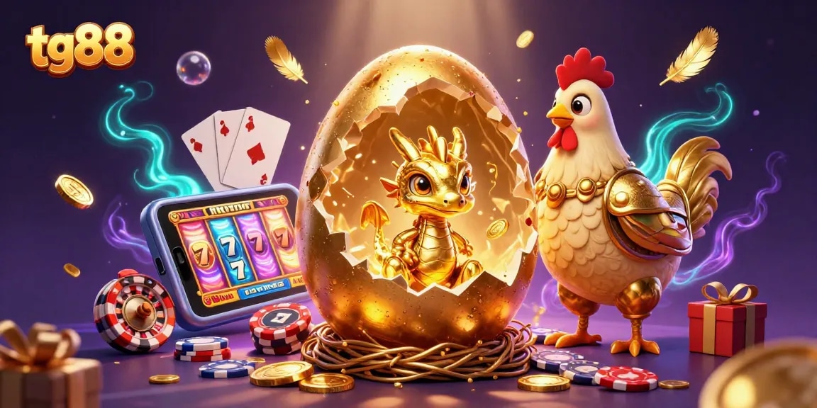 Engage in thrilling tg88 gameplay with a golden dragon emerging from a nest of poker chips amidst vibrant casino elements.