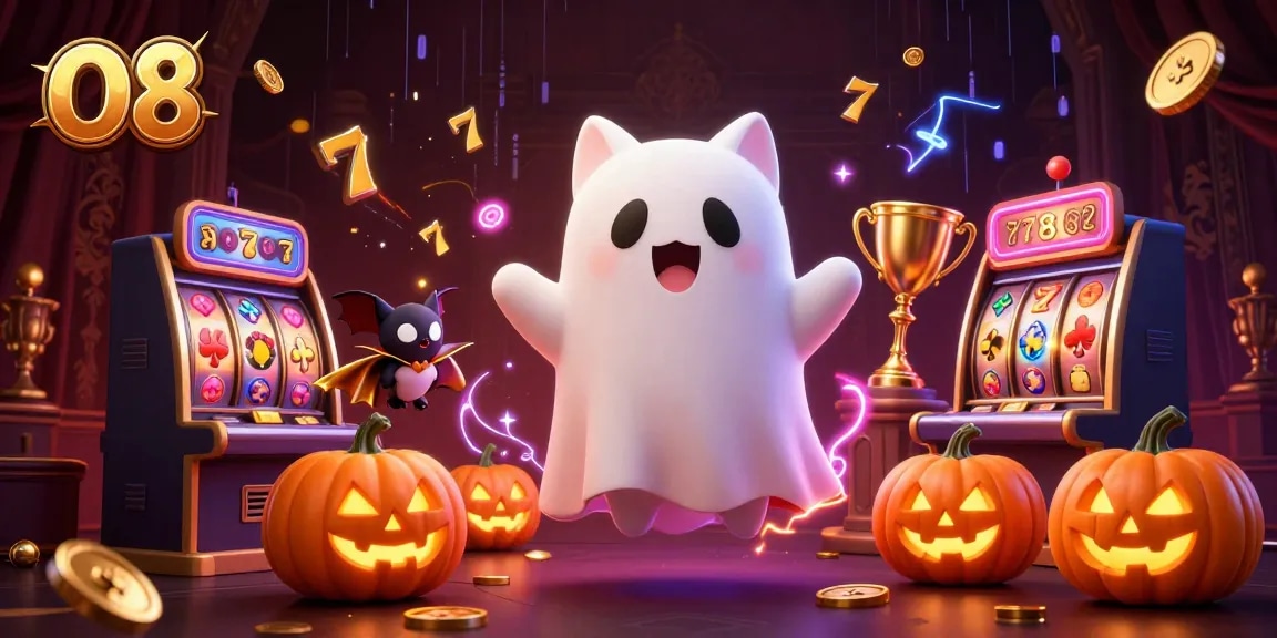 Experience O8's thrilling gaming atmosphere with the ghost cat and vampire bat in this vibrant casino scene.
