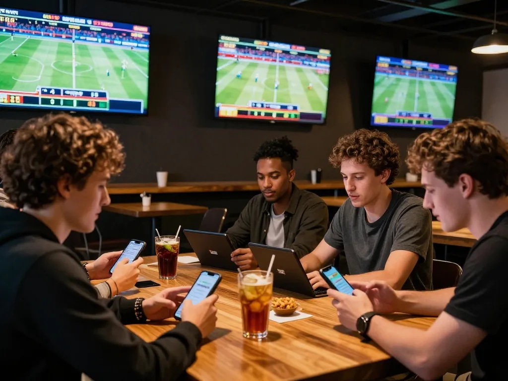 Engaged players discussing sports betting strategies on 11bet while enjoying drinks and snacks.