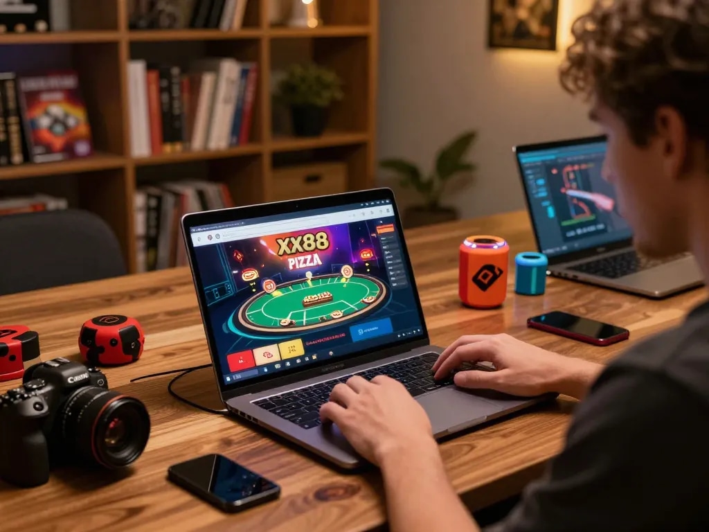 Engaging in online gambling at xx88 pizza with a cozy home atmosphere and vibrant gaming screen