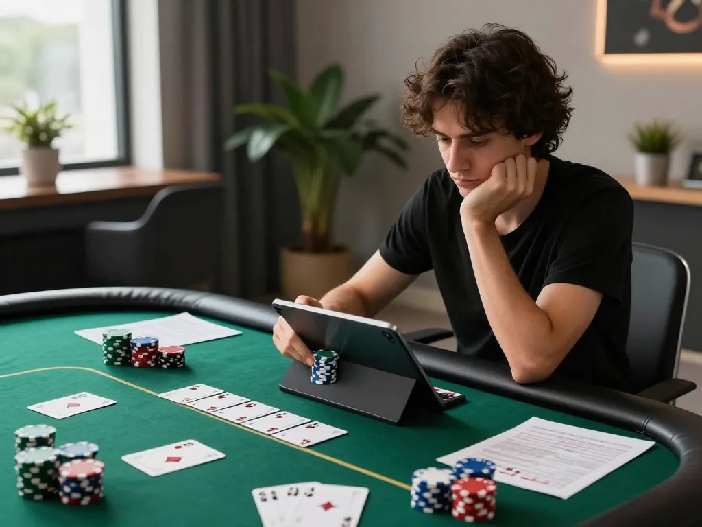 Player engaging with ee88go on a tablet during an intense online poker session, surrounded by chips and strategy notes.