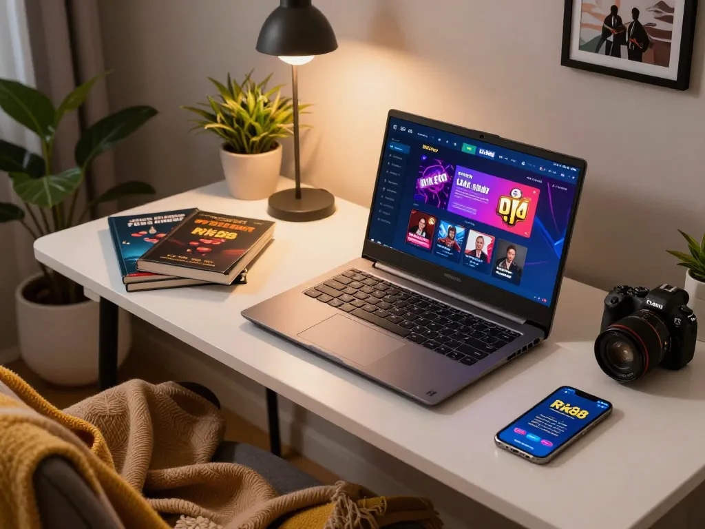 Engaging online casino gameplay on a laptop showcasing Link mới Rik88, with strategy books and smartphone present.